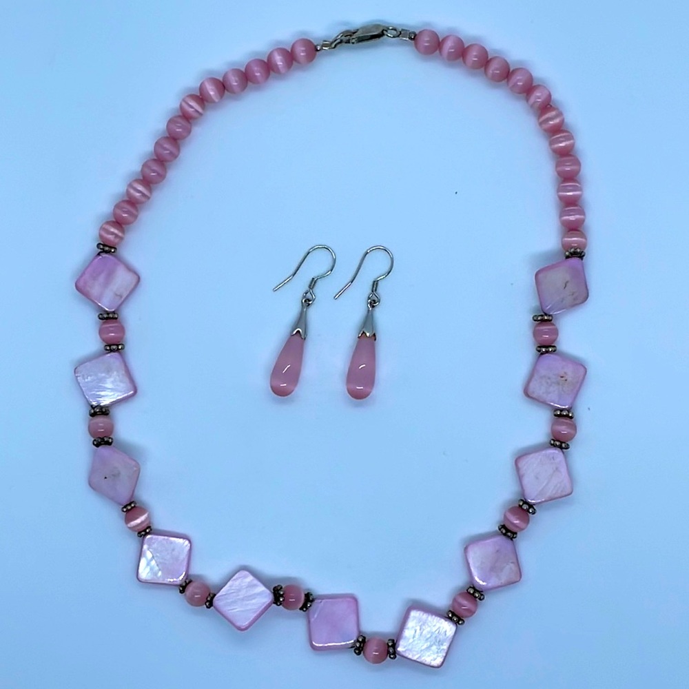 Cat’s eye Mother of pearl necklace and earrings set 925 sterling silver